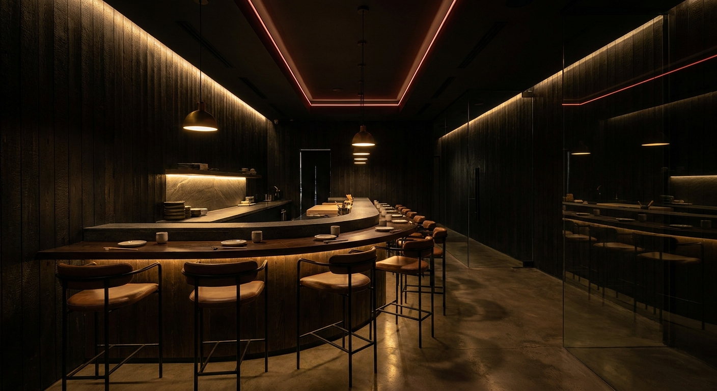 Intérieur du restaurant, bois charbonné et lumière douce